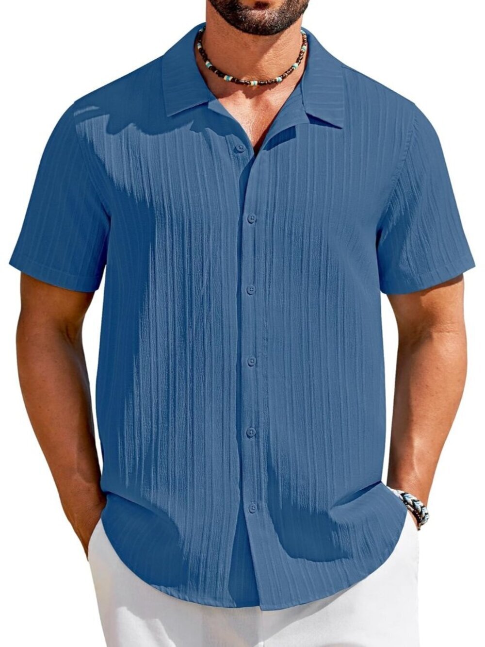 Men's Dark Blue Short Sleeve Casual Button Down Textured Summer Beach Shirt